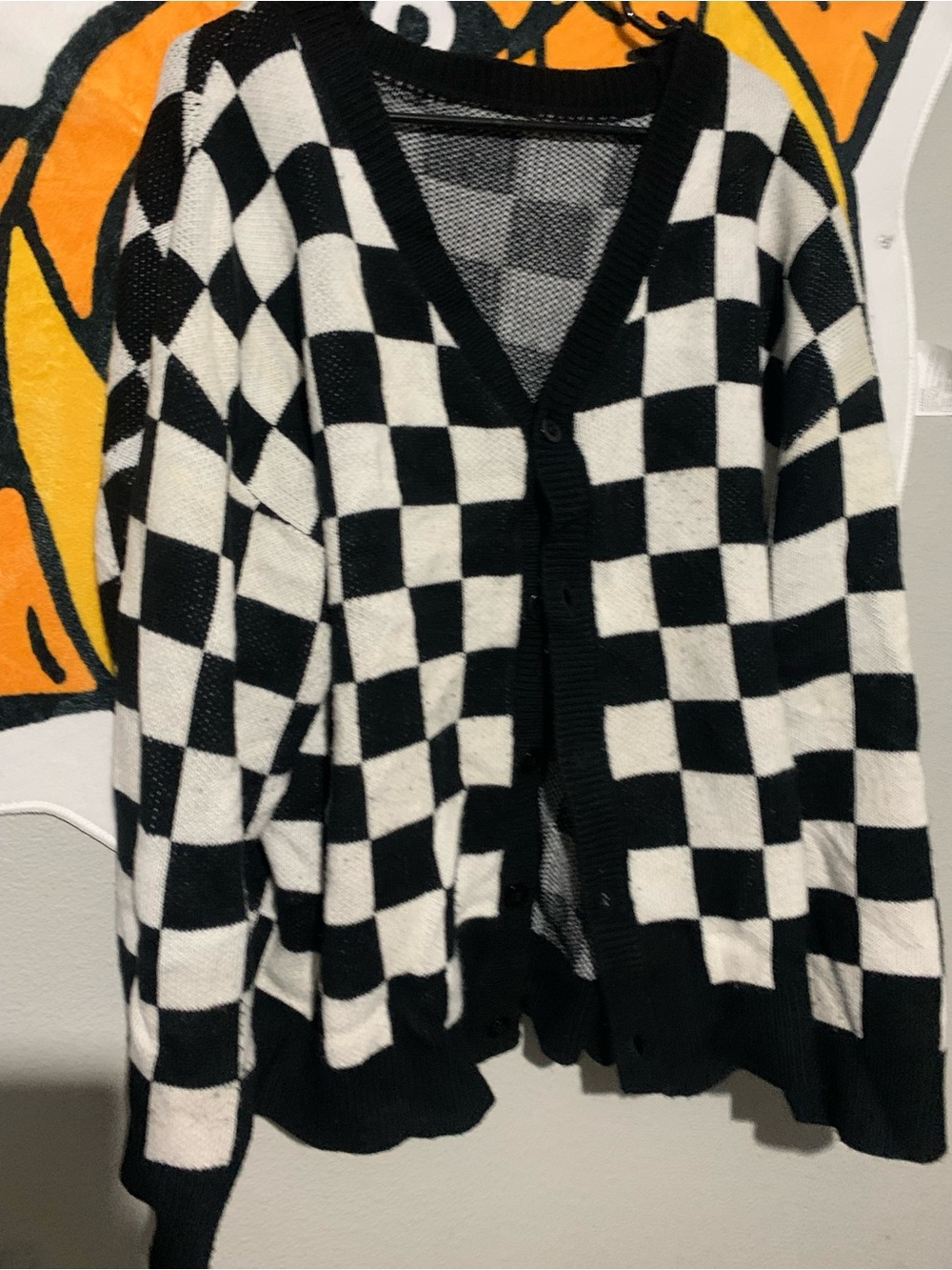 Black & White Checkerboard V-Neck Cardigan Sweater Unisex